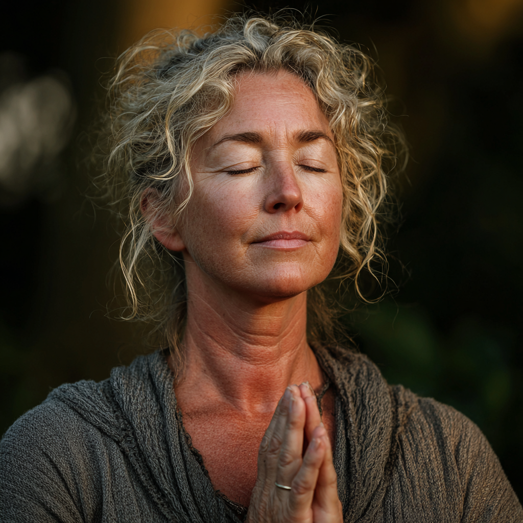 Serene middle-aged woman in her early 50s practicing gentle yoga poses in a peaceful natural setting with soft lighting, demonstrating mindful movement and inner balance